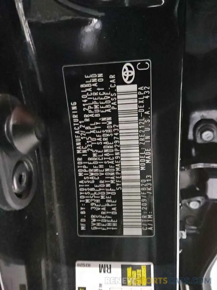 12 fotografías del automóvil dañado 5YFEPMAE9NP297432 TOYOTA COROLLA 2022