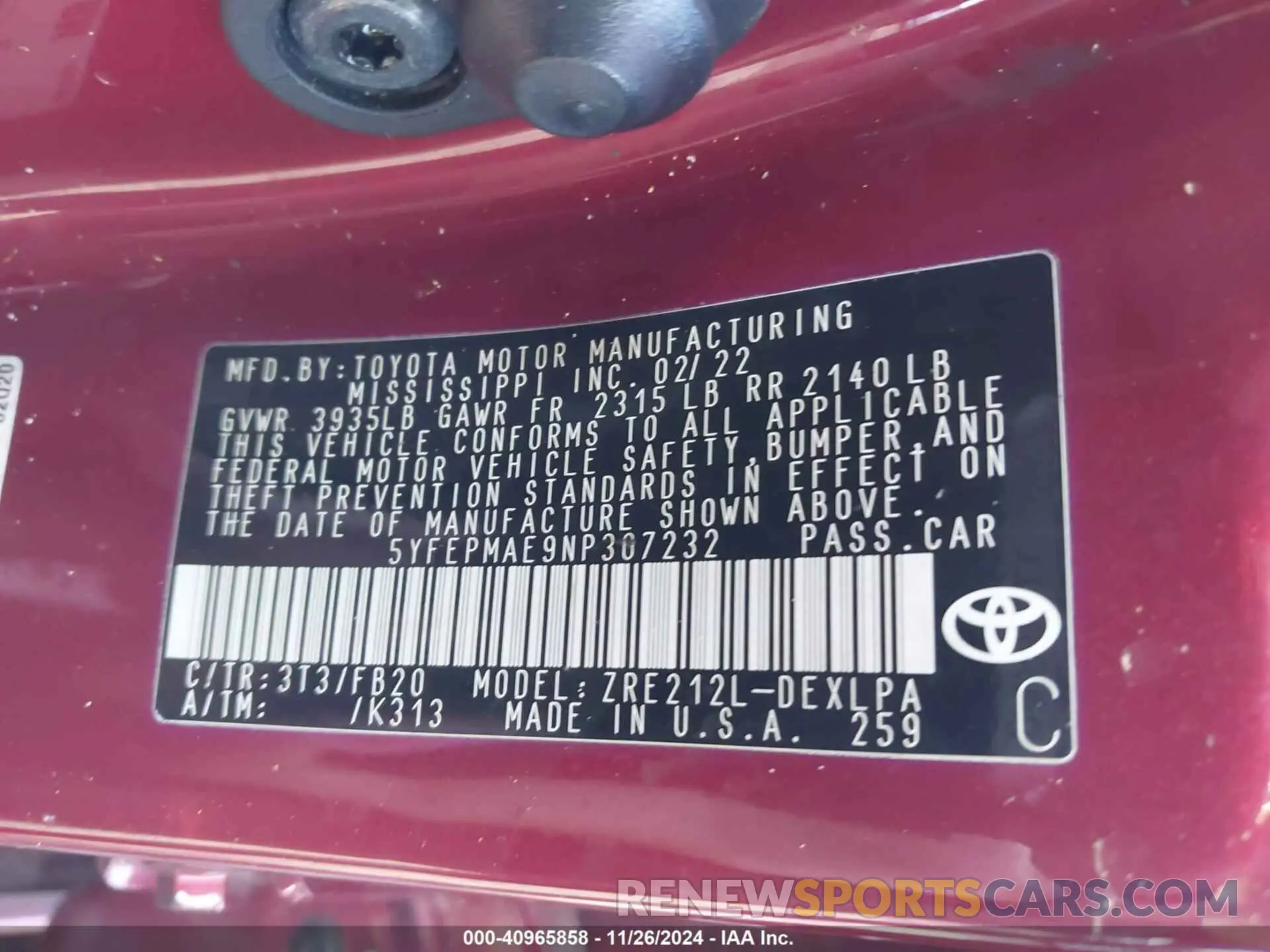 9 fotografías del automóvil dañado 5YFEPMAE9NP307232 TOYOTA COROLLA 2022
