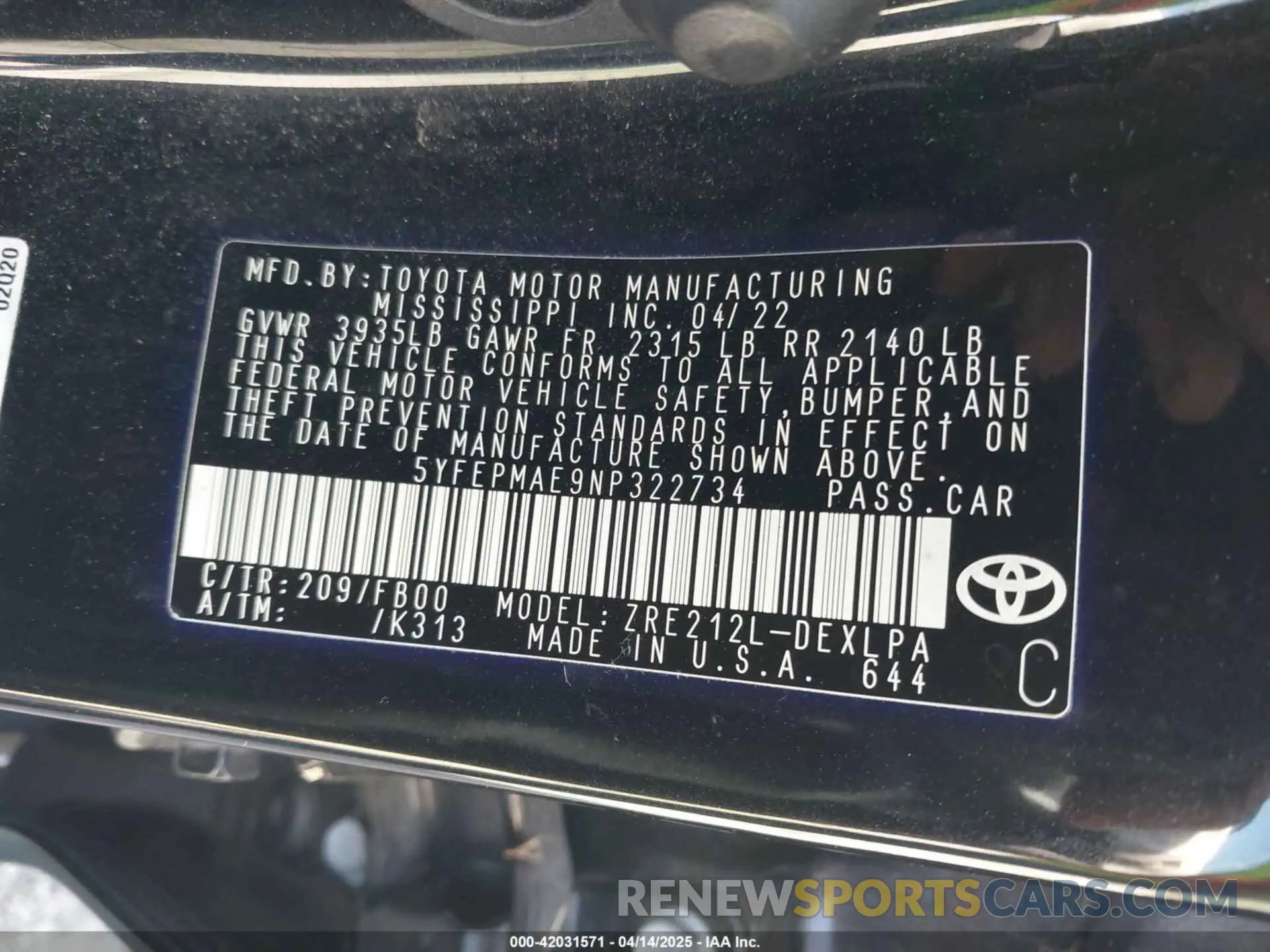 9 fotografías del automóvil dañado 5YFEPMAE9NP322734 TOYOTA COROLLA 2022