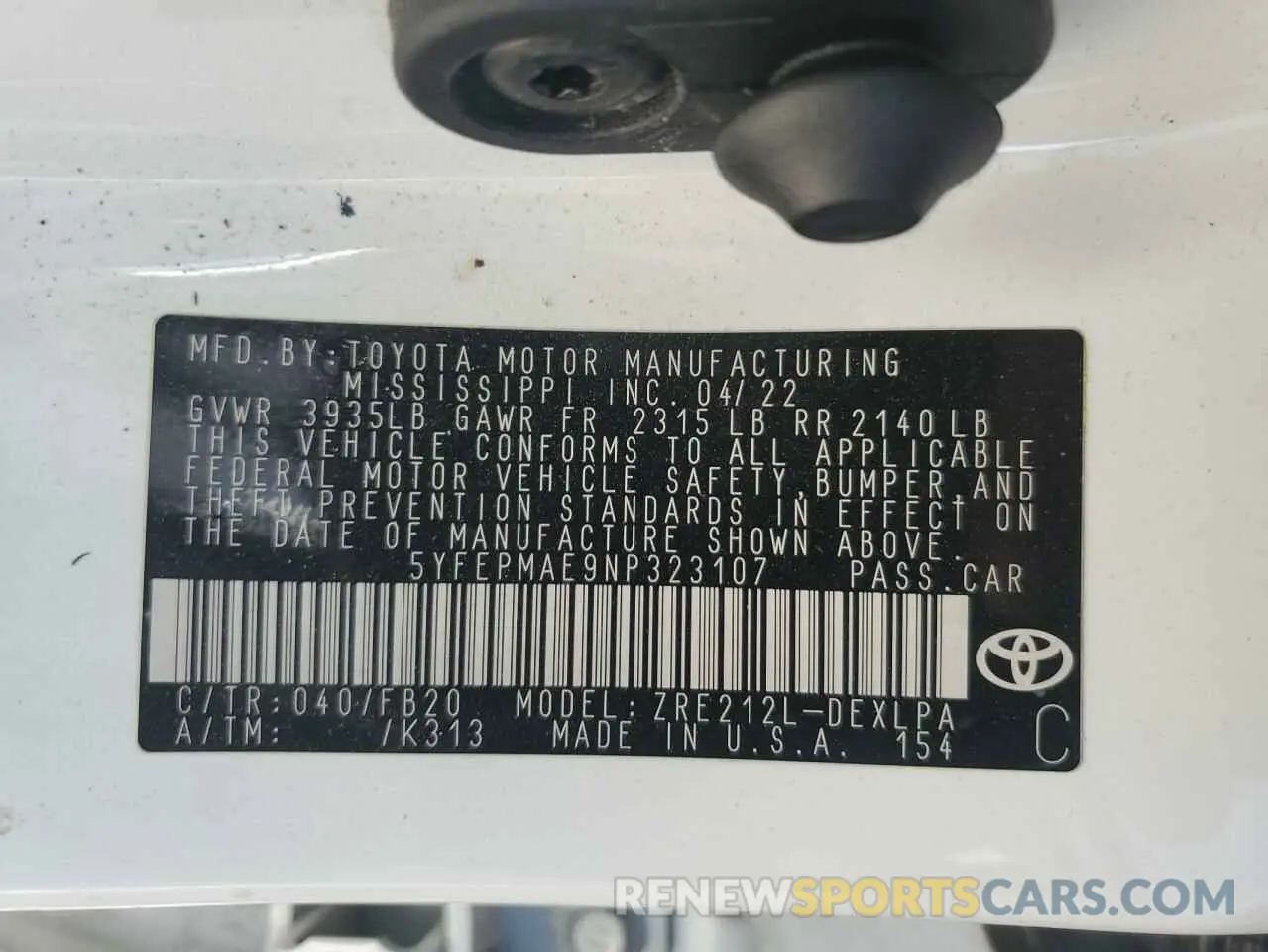 12 fotografías del automóvil dañado 5YFEPMAE9NP323107 TOYOTA COROLLA 2022