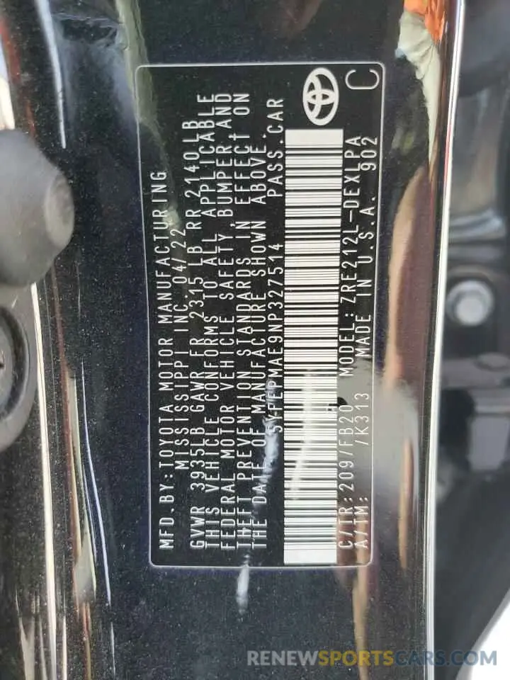 13 fotografías del automóvil dañado 5YFEPMAE9NP327514 TOYOTA COROLLA 2022