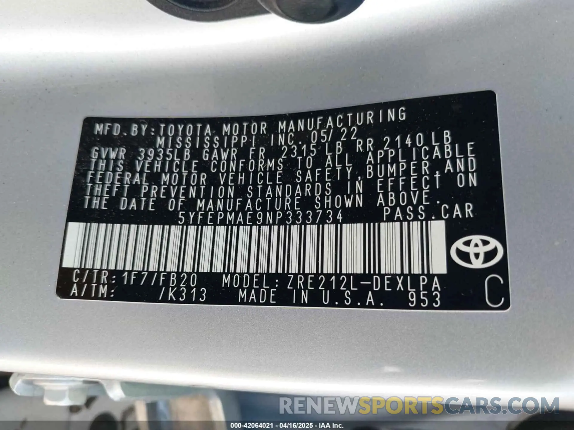 9 fotografías del automóvil dañado 5YFEPMAE9NP333734 TOYOTA COROLLA 2022