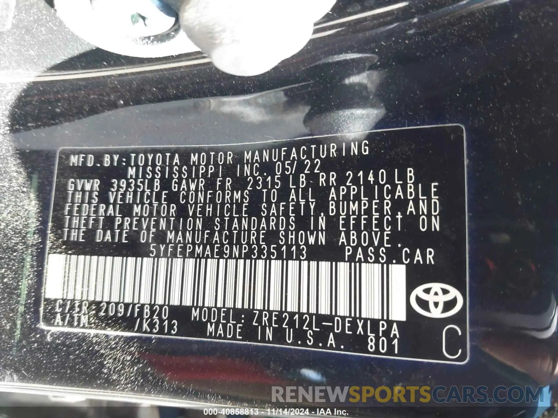 9 fotografías del automóvil dañado 5YFEPMAE9NP335113 TOYOTA COROLLA 2022
