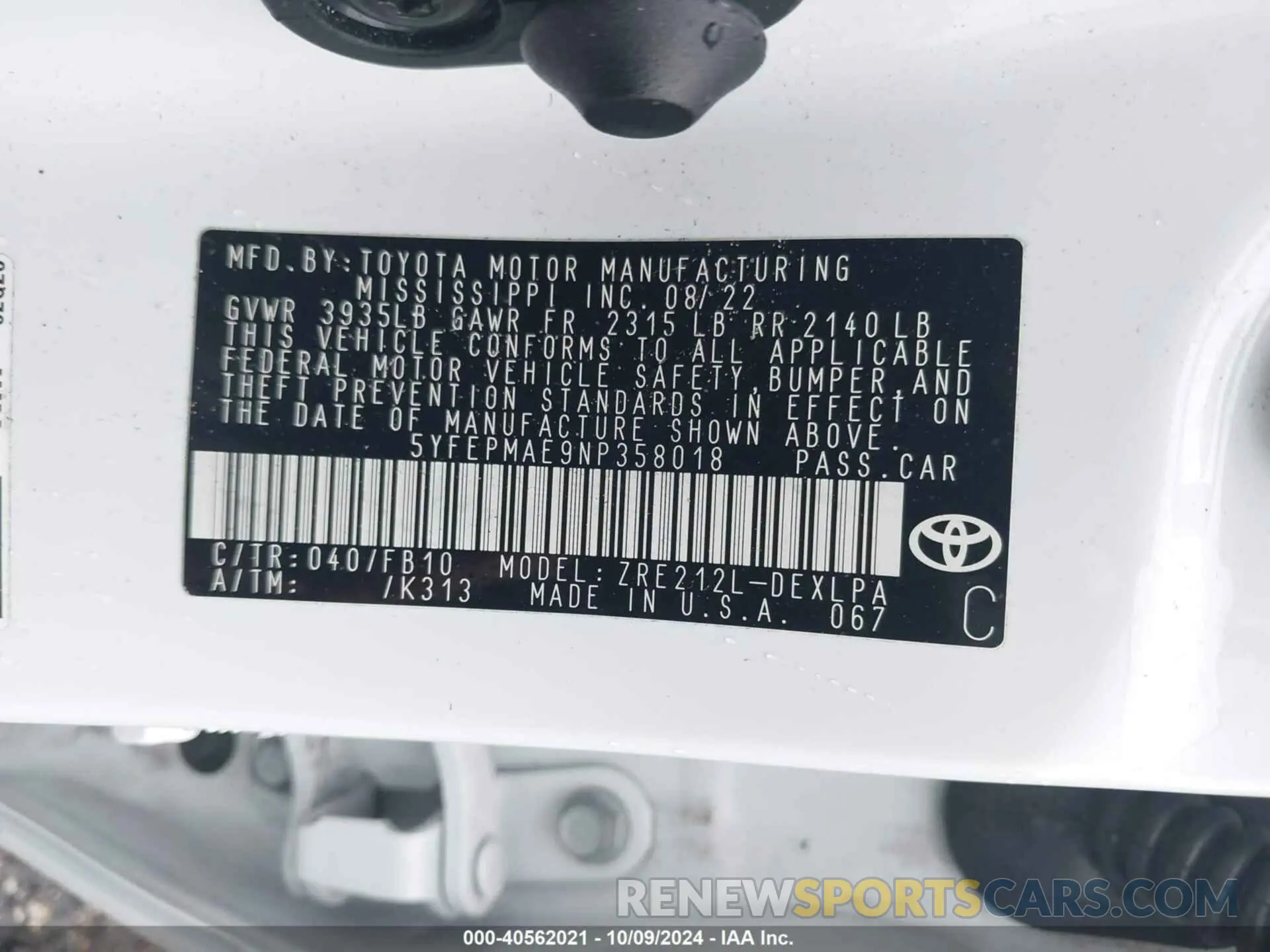 9 fotografías del automóvil dañado 5YFEPMAE9NP358018 TOYOTA COROLLA 2022
