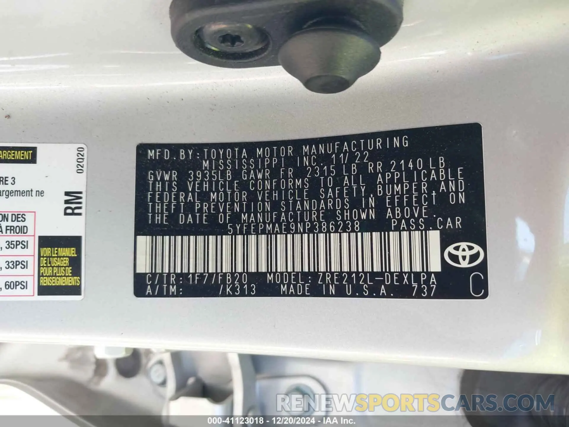 9 fotografías del automóvil dañado 5YFEPMAE9NP386238 TOYOTA COROLLA 2022