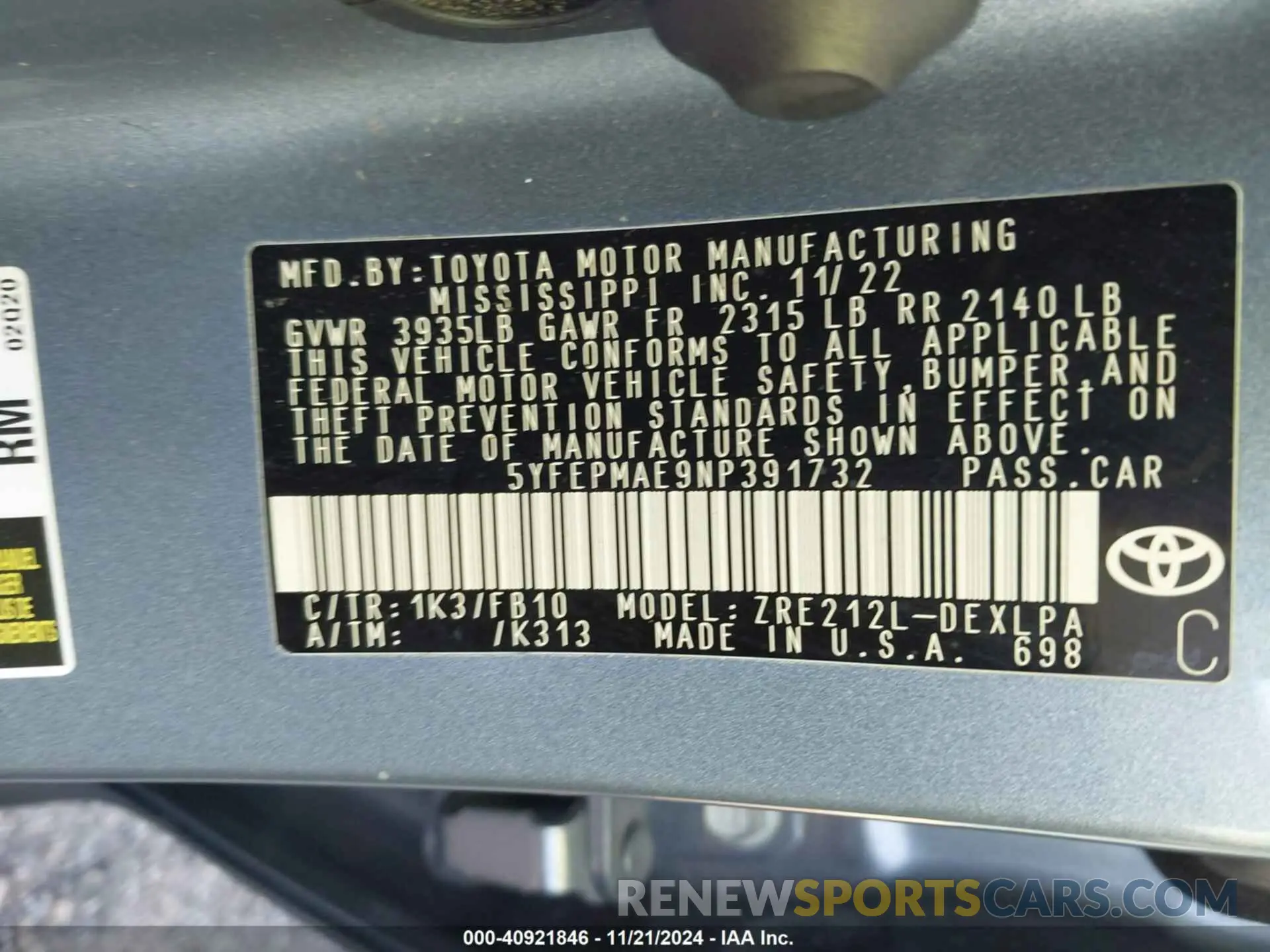 9 fotografías del automóvil dañado 5YFEPMAE9NP391732 TOYOTA COROLLA 2022