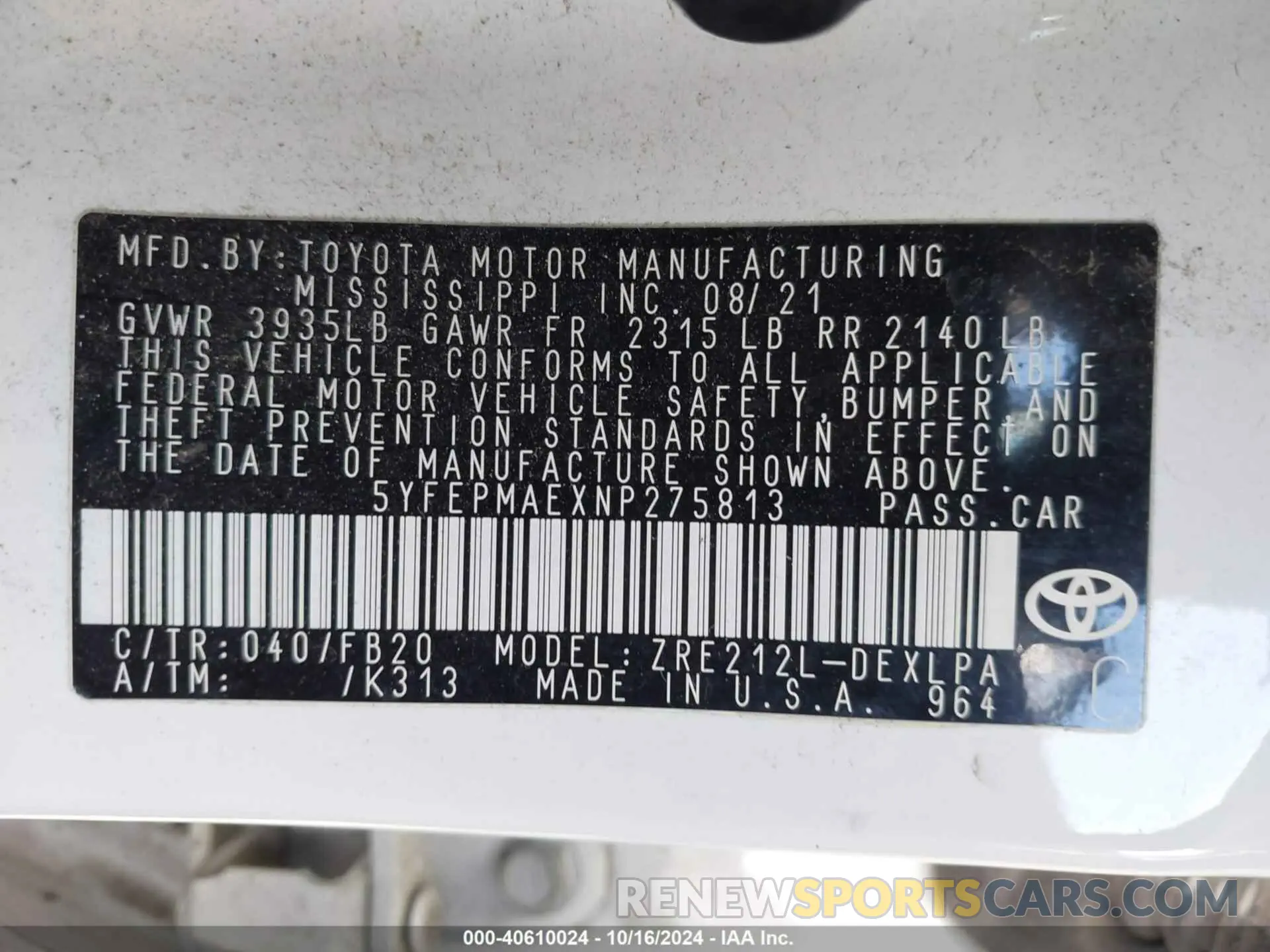 9 fotografías del automóvil dañado 5YFEPMAEXNP275813 TOYOTA COROLLA 2022