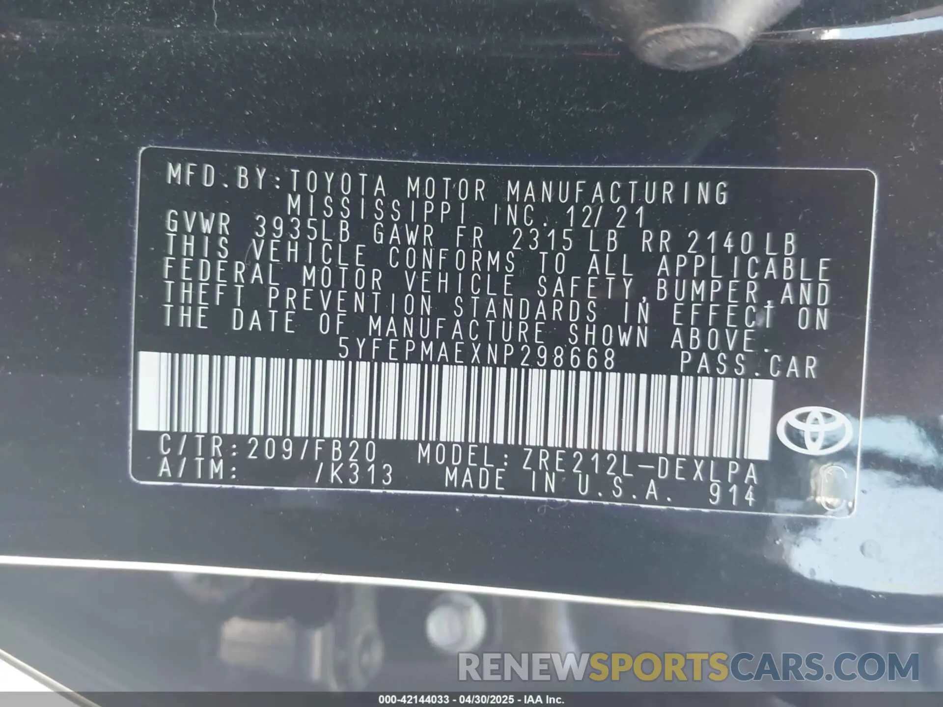 9 fotografías del automóvil dañado 5YFEPMAEXNP298668 TOYOTA COROLLA 2022