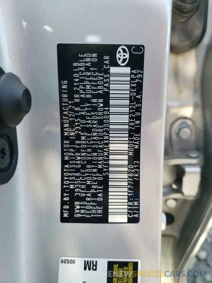 10 fotografías del automóvil dañado 5YFEPMAEXNP300094 TOYOTA COROLLA 2022