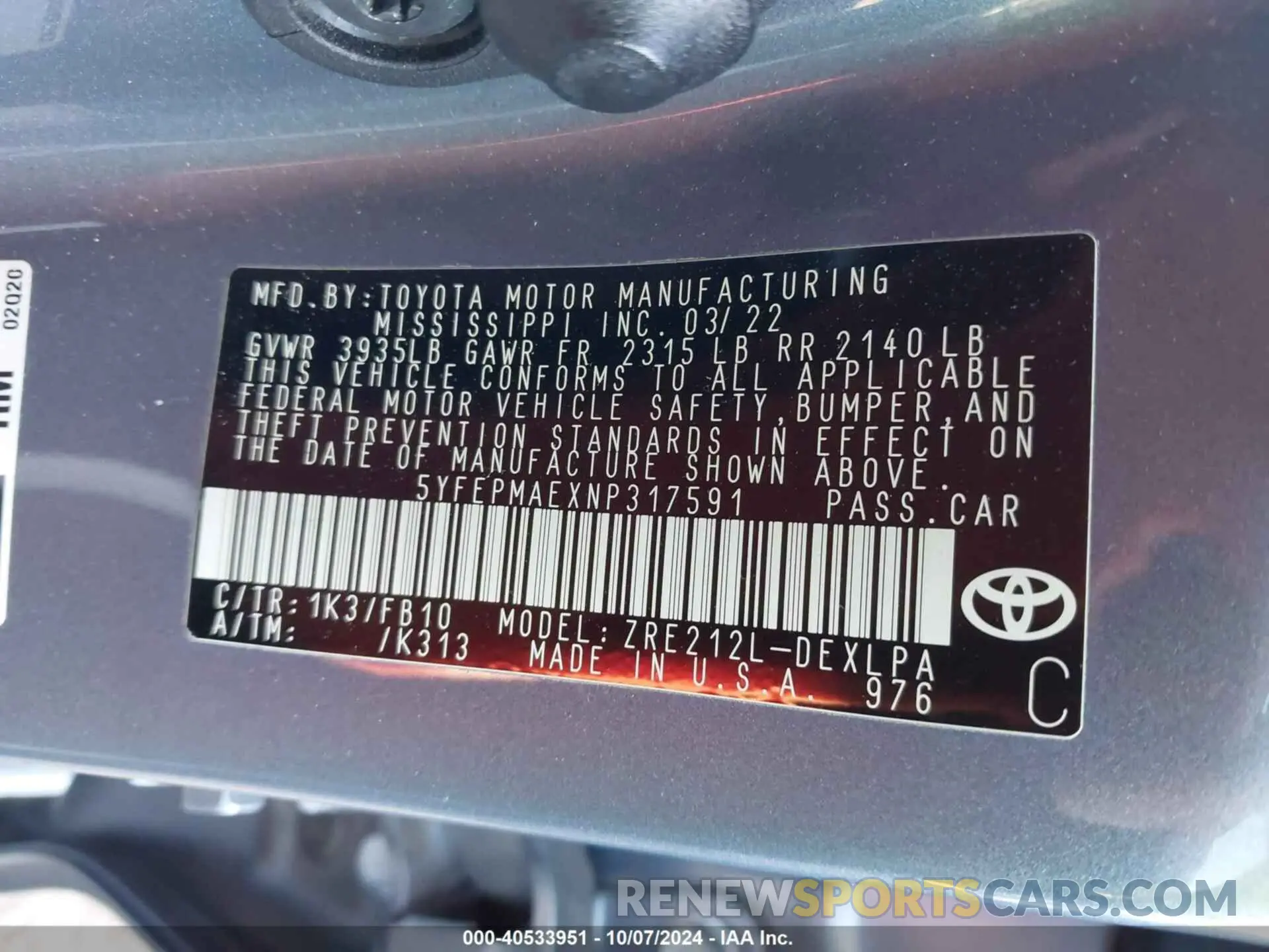 9 fotografías del automóvil dañado 5YFEPMAEXNP317591 TOYOTA COROLLA 2022