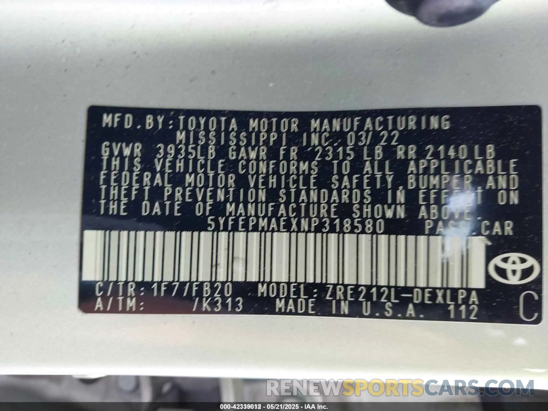 9 fotografías del automóvil dañado 5YFEPMAEXNP318580 TOYOTA COROLLA 2022