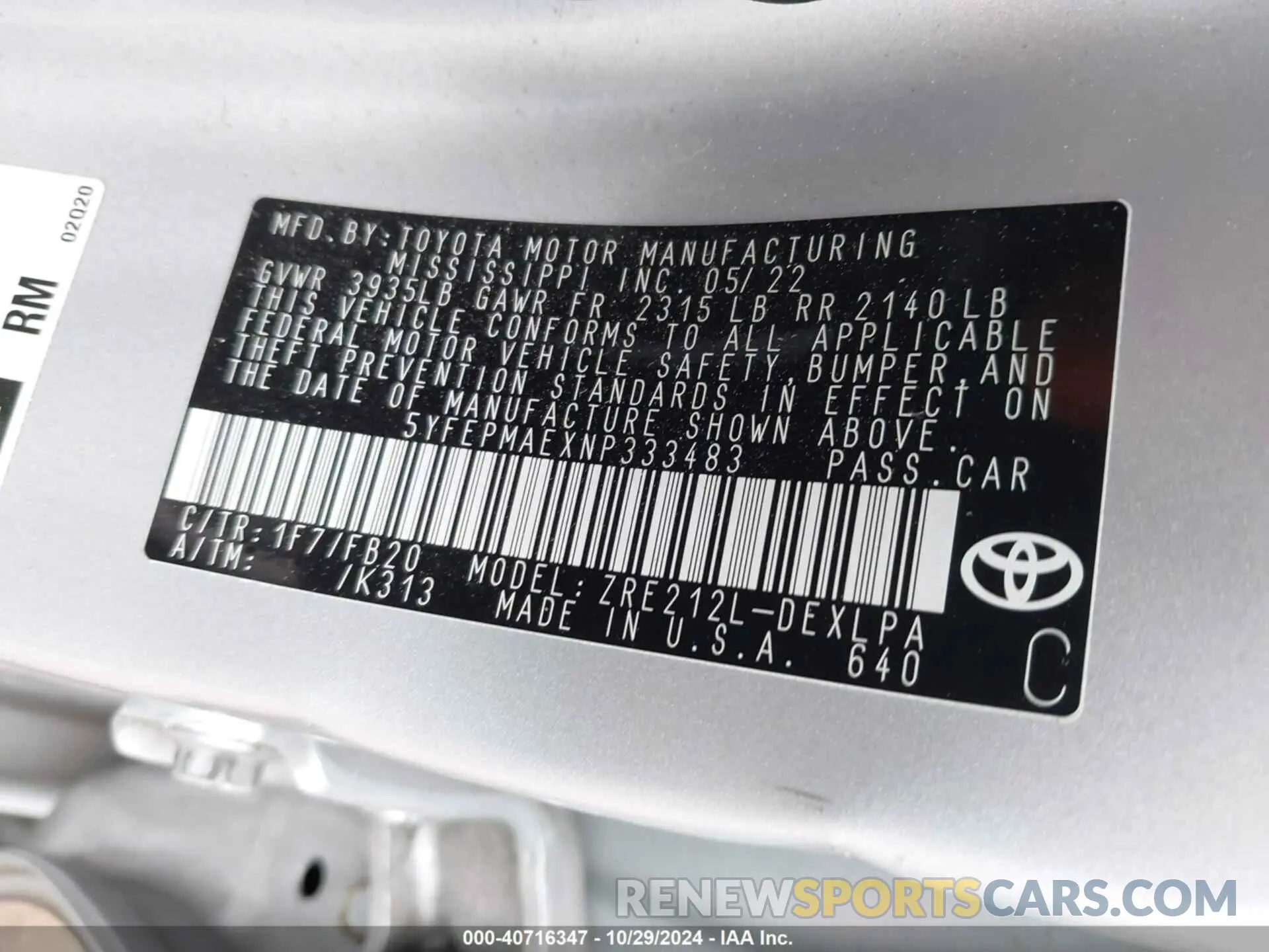9 fotografías del automóvil dañado 5YFEPMAEXNP333483 TOYOTA COROLLA 2022