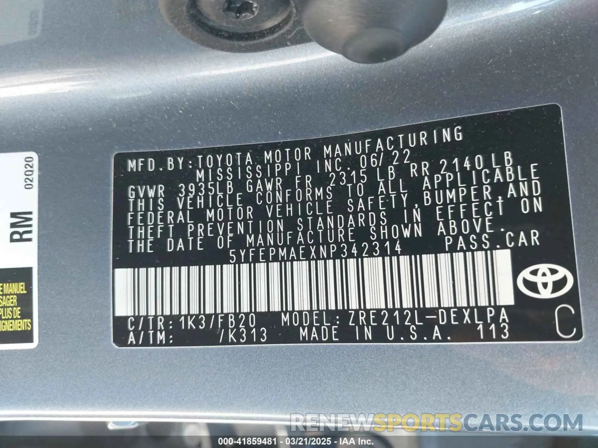 9 fotografías del automóvil dañado 5YFEPMAEXNP342314 TOYOTA COROLLA 2022