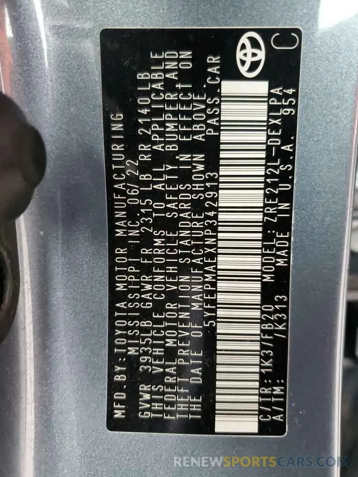 12 fotografías del automóvil dañado 5YFEPMAEXNP342913 TOYOTA COROLLA 2022