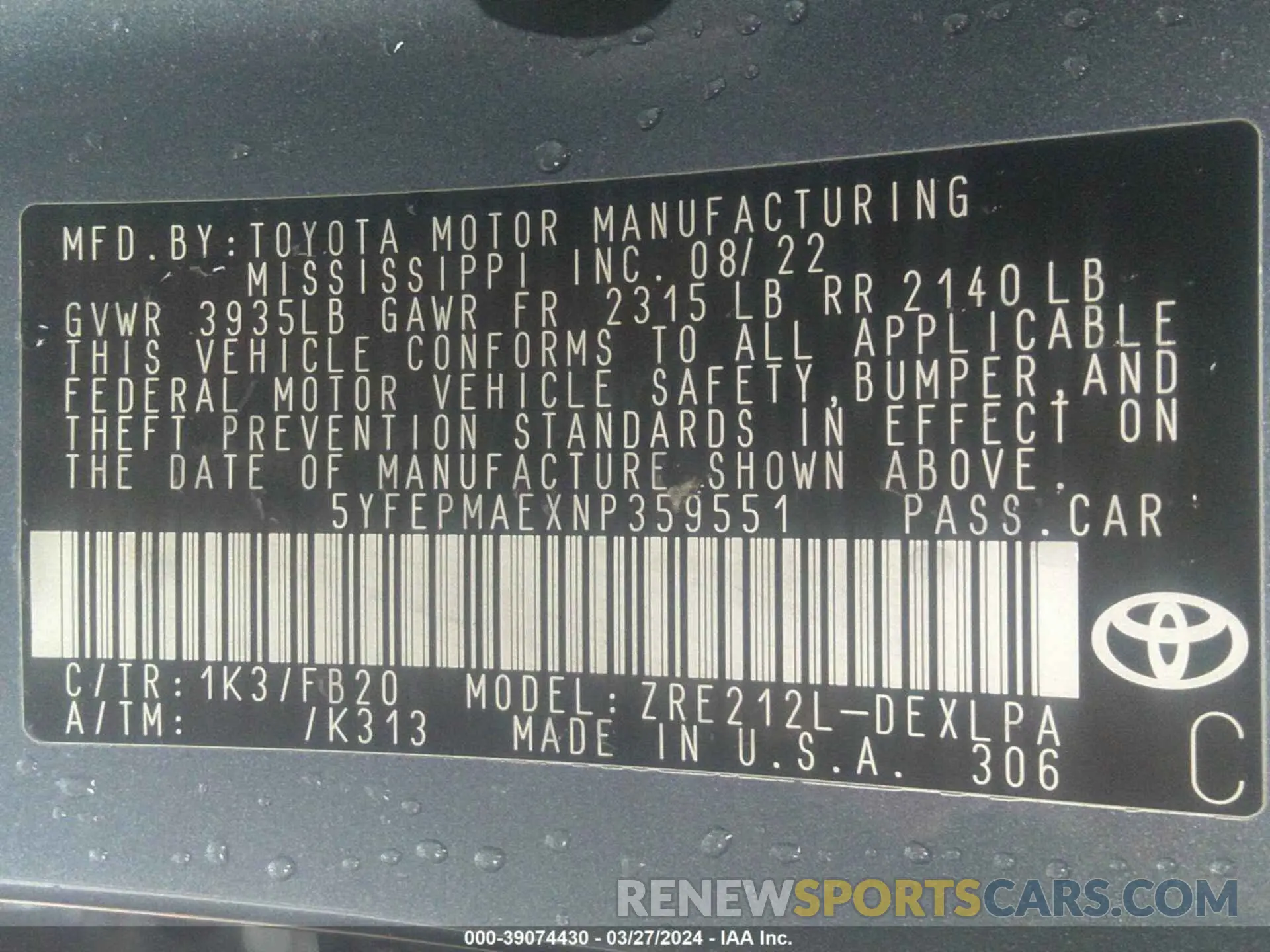 9 fotografías del automóvil dañado 5YFEPMAEXNP359551 TOYOTA COROLLA 2022