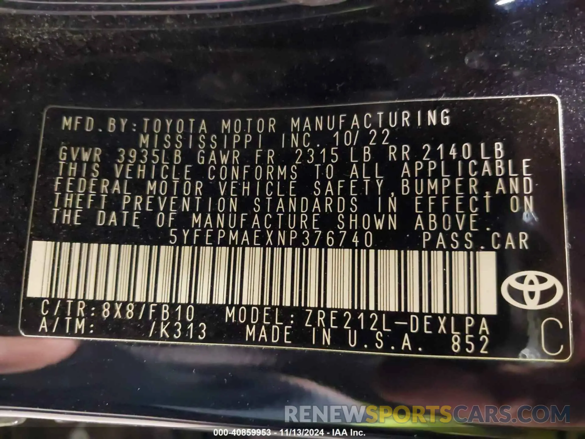 9 fotografías del automóvil dañado 5YFEPMAEXNP376740 TOYOTA COROLLA 2022
