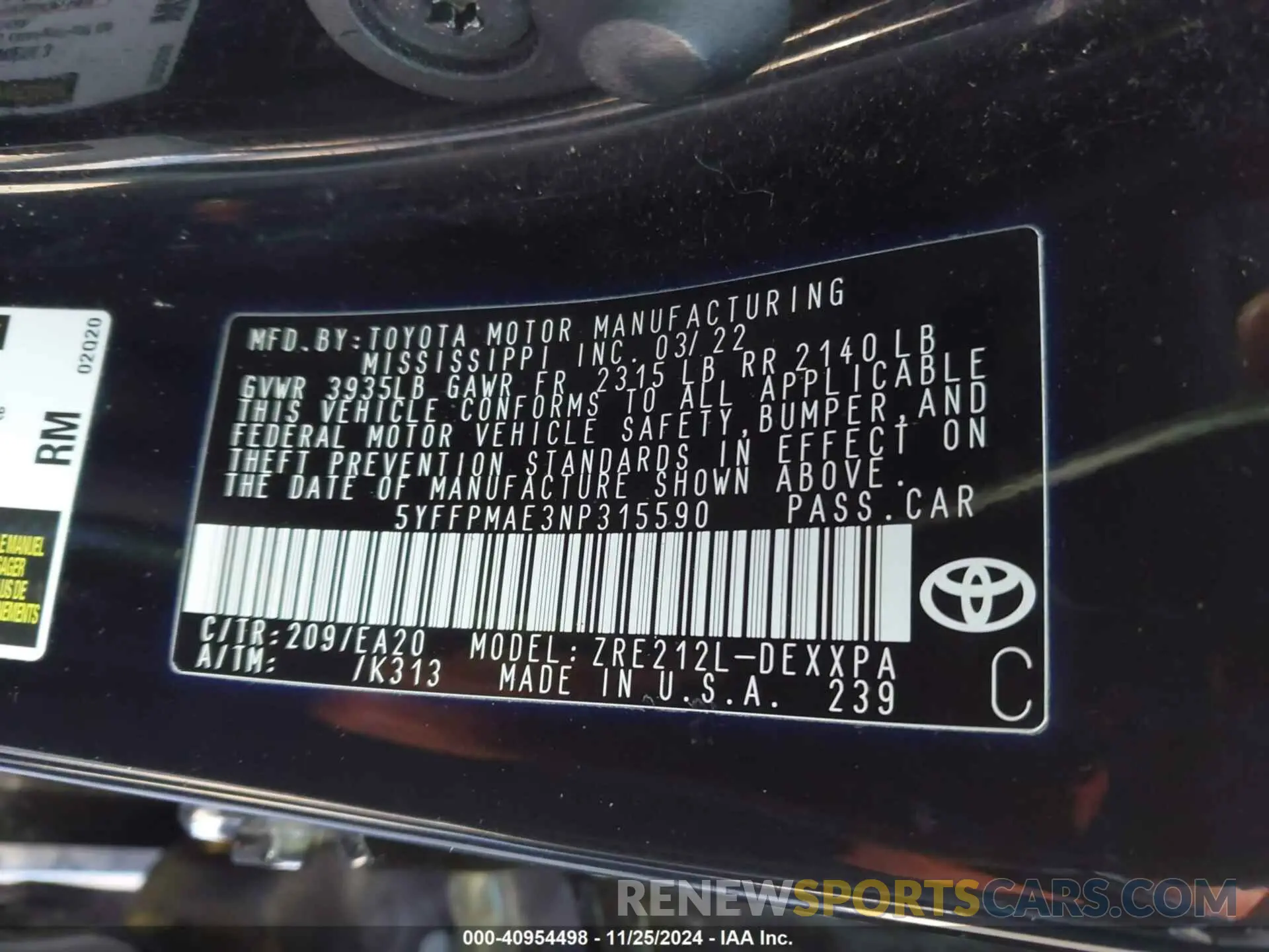 9 fotografías del automóvil dañado 5YFFPMAE3NP315590 TOYOTA COROLLA 2022