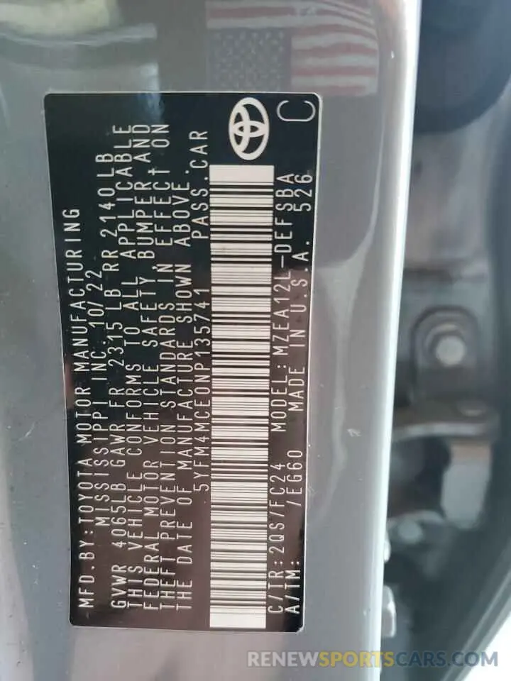 13 fotografías del automóvil dañado 5YFM4MCE0NP135741 TOYOTA COROLLA 2022