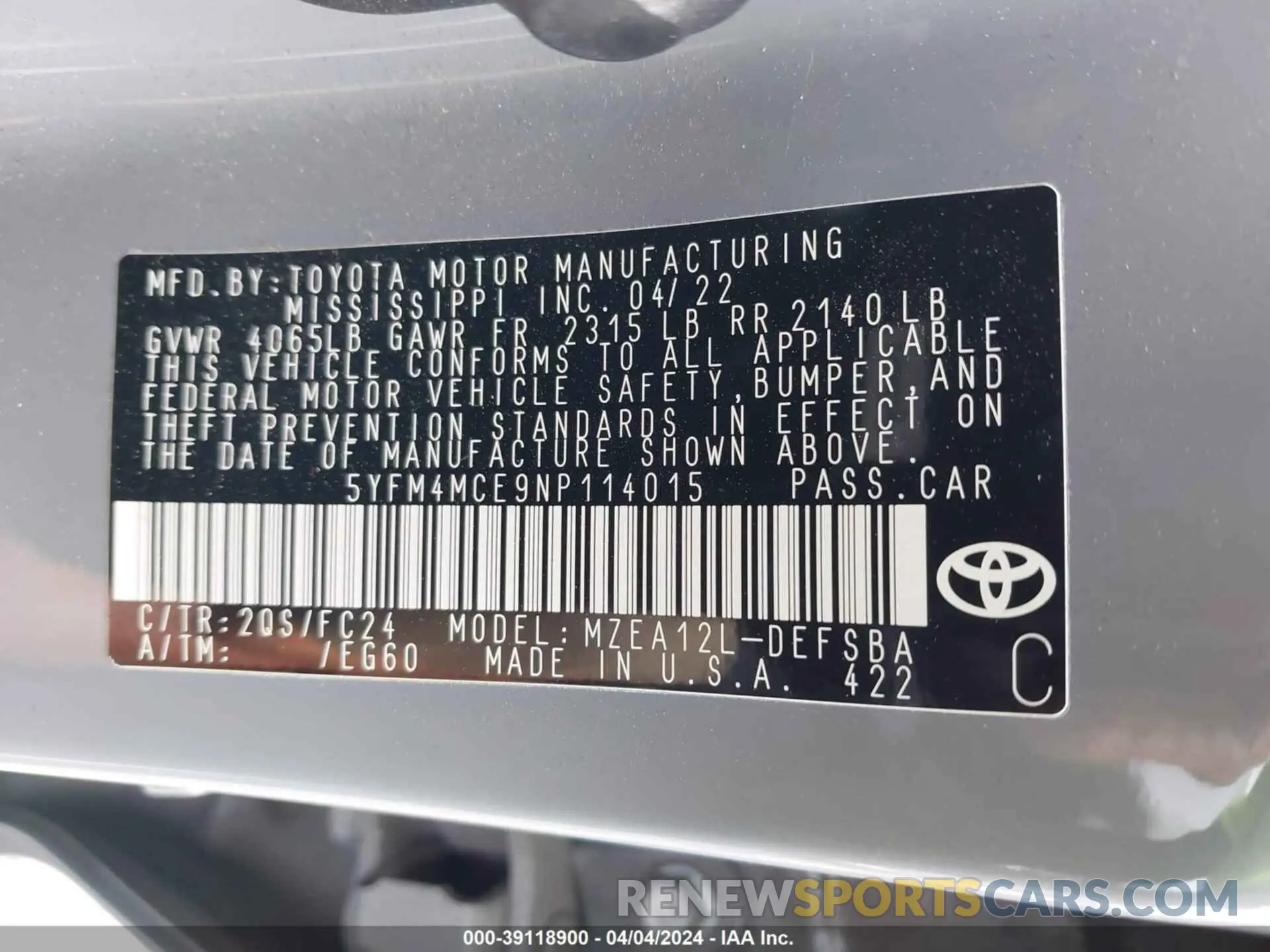 9 fotografías del automóvil dañado 5YFM4MCE9NP114015 TOYOTA COROLLA 2022