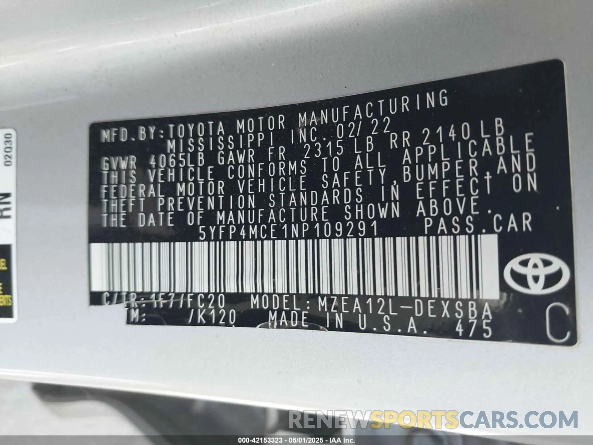 9 fotografías del automóvil dañado 5YFP4MCE1NP109291 TOYOTA COROLLA 2022