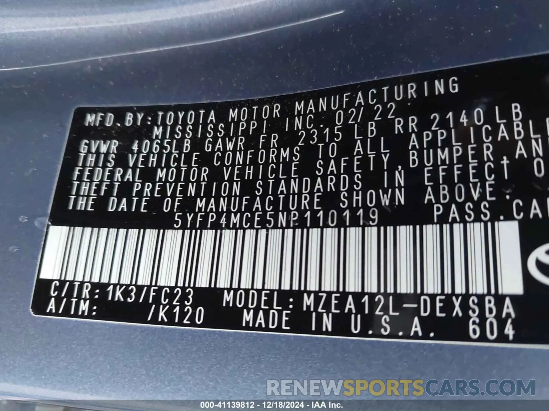 9 fotografías del automóvil dañado 5YFP4MCE5NP110119 TOYOTA COROLLA 2022