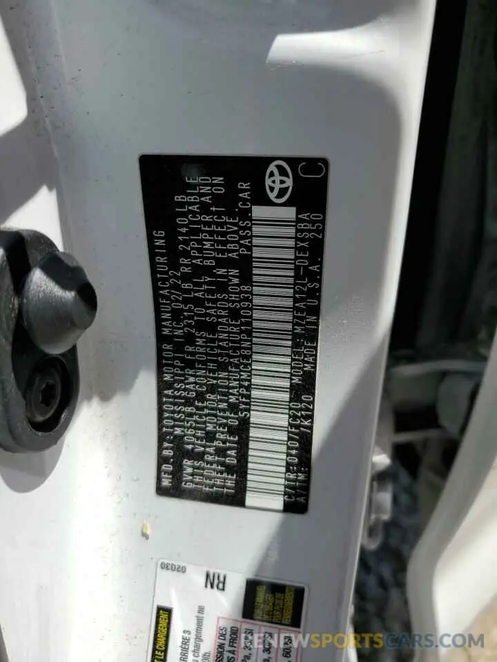 13 fotografías del automóvil dañado 5YFP4MCE8NP110938 TOYOTA COROLLA 2022