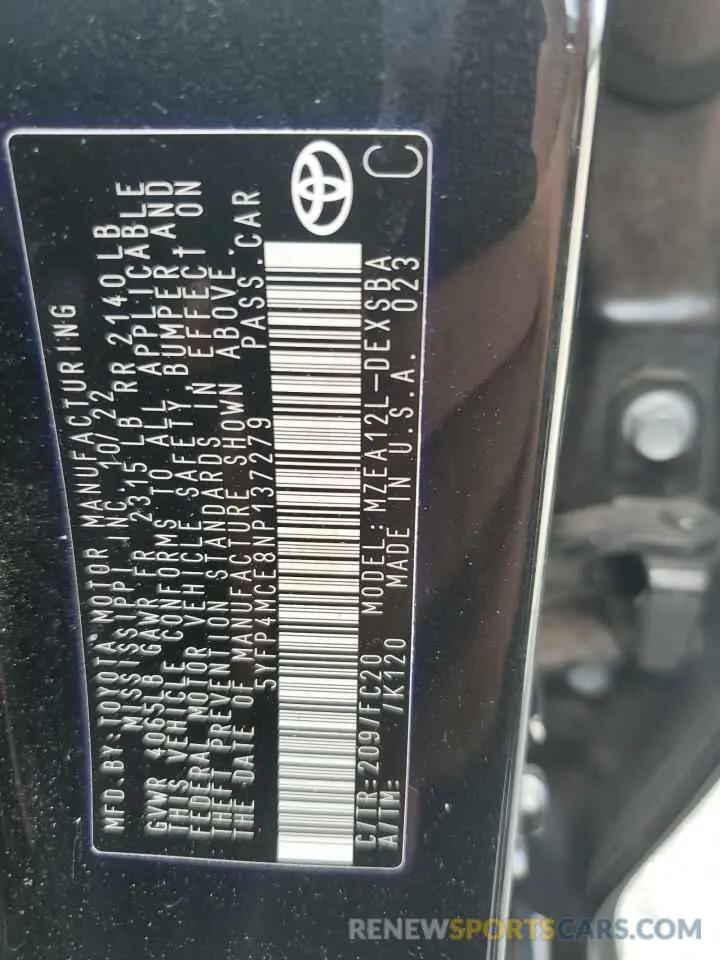 12 fotografías del automóvil dañado 5YFP4MCE8NP137279 TOYOTA COROLLA 2022