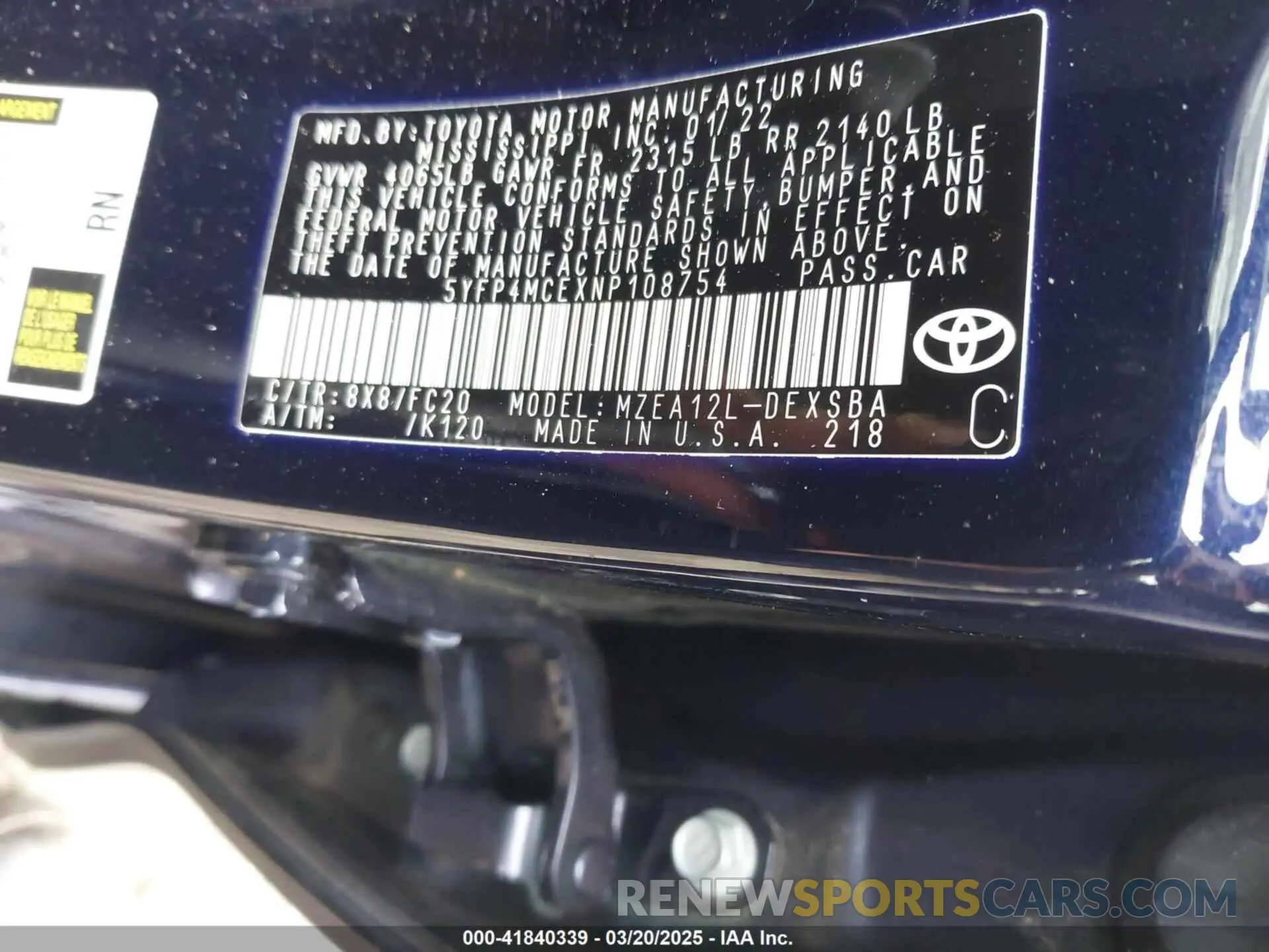 9 fotografías del automóvil dañado 5YFP4MCEXNP108754 TOYOTA COROLLA 2022