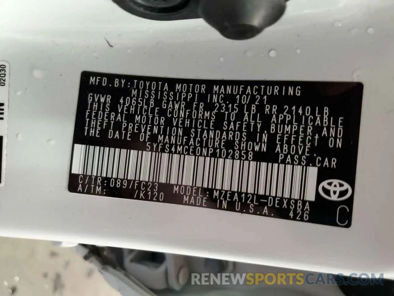 15 fotografías del automóvil dañado 5YFS4MCE0NP102858 TOYOTA COROLLA 2022