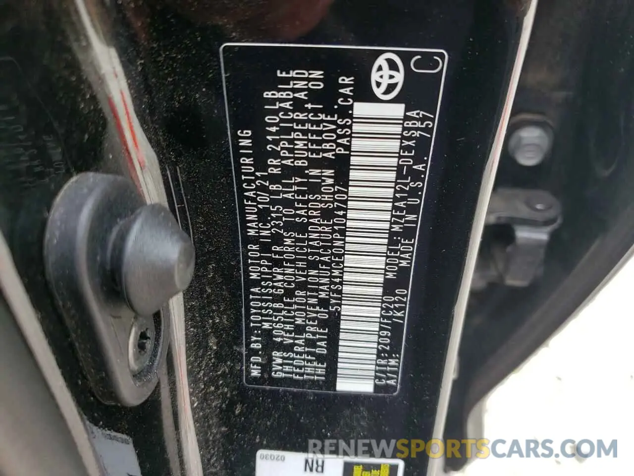 10 fotografías del automóvil dañado 5YFS4MCE0NP104707 TOYOTA COROLLA 2022