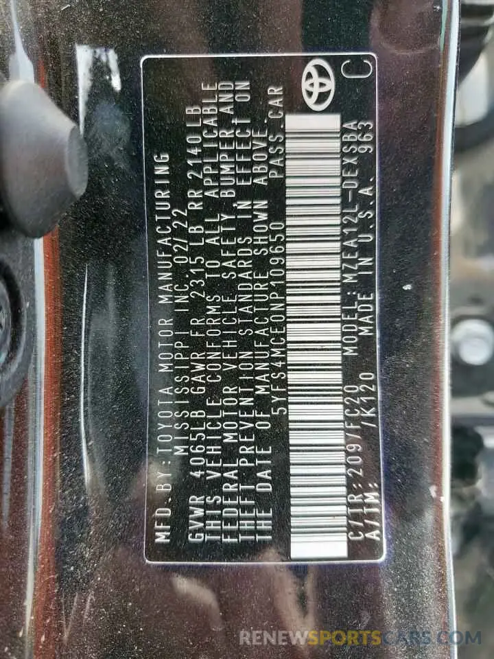 14 fotografías del automóvil dañado 5YFS4MCE0NP109650 TOYOTA COROLLA 2022