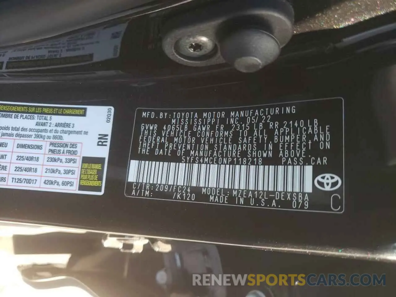 10 fotografías del automóvil dañado 5YFS4MCE0NP118218 TOYOTA COROLLA 2022