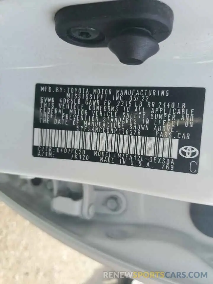 13 fotografías del automóvil dañado 5YFS4MCE0NP118378 TOYOTA COROLLA 2022