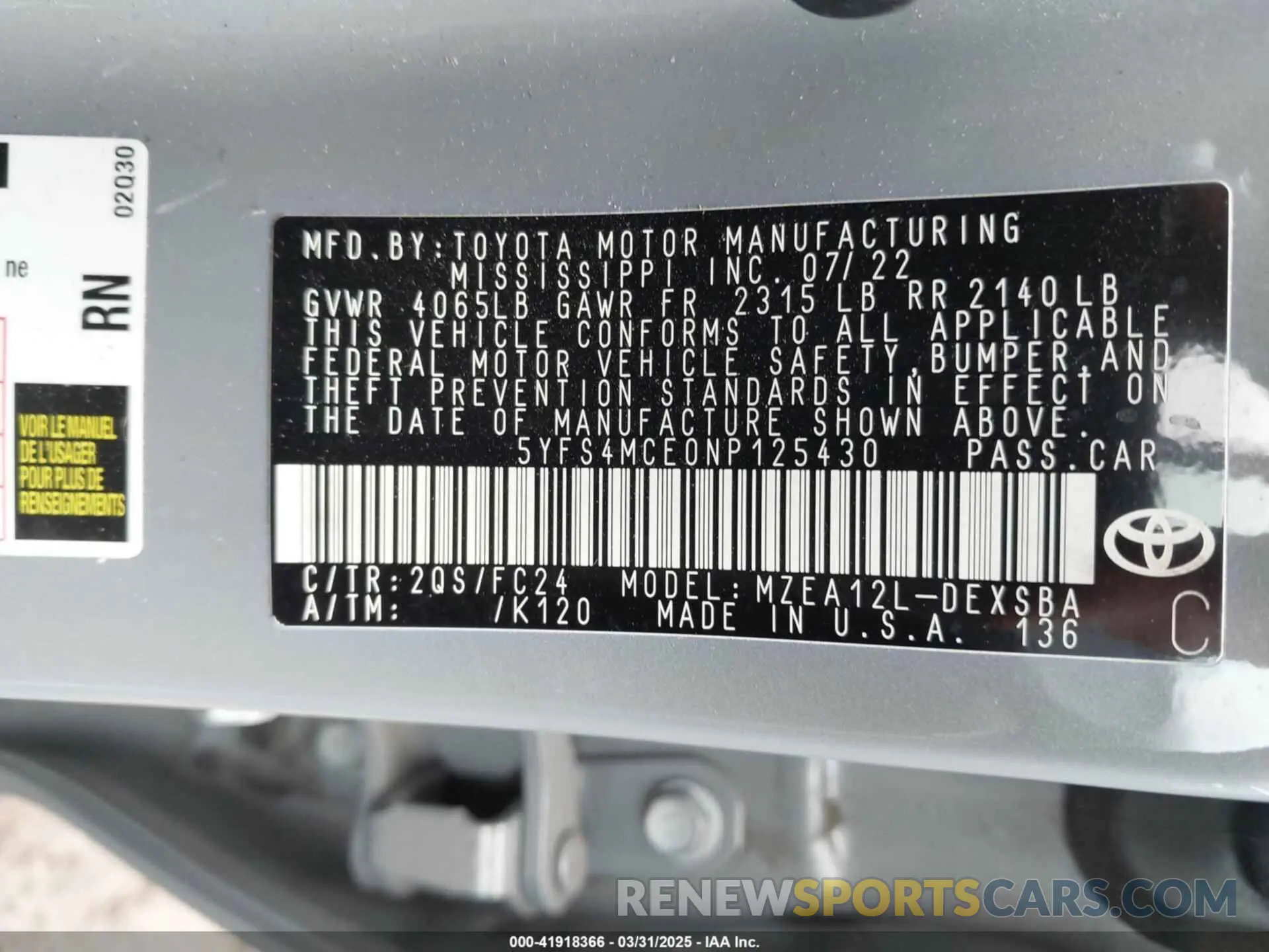 9 fotografías del automóvil dañado 5YFS4MCE0NP125430 TOYOTA COROLLA 2022