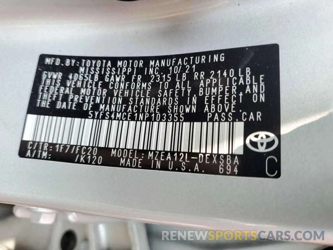 12 fotografías del automóvil dañado 5YFS4MCE1NP103355 TOYOTA COROLLA 2022
