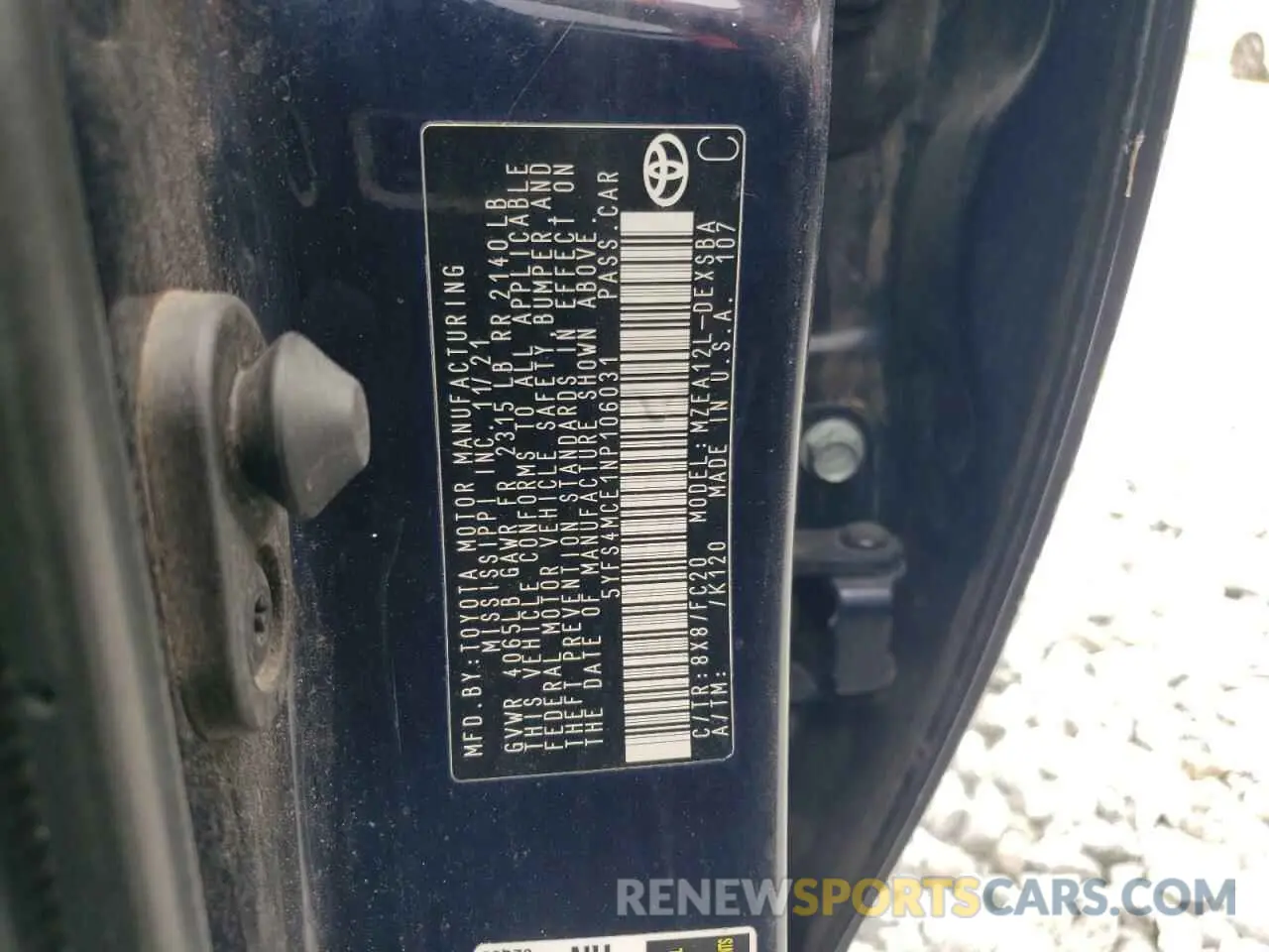 12 fotografías del automóvil dañado 5YFS4MCE1NP106031 TOYOTA COROLLA 2022