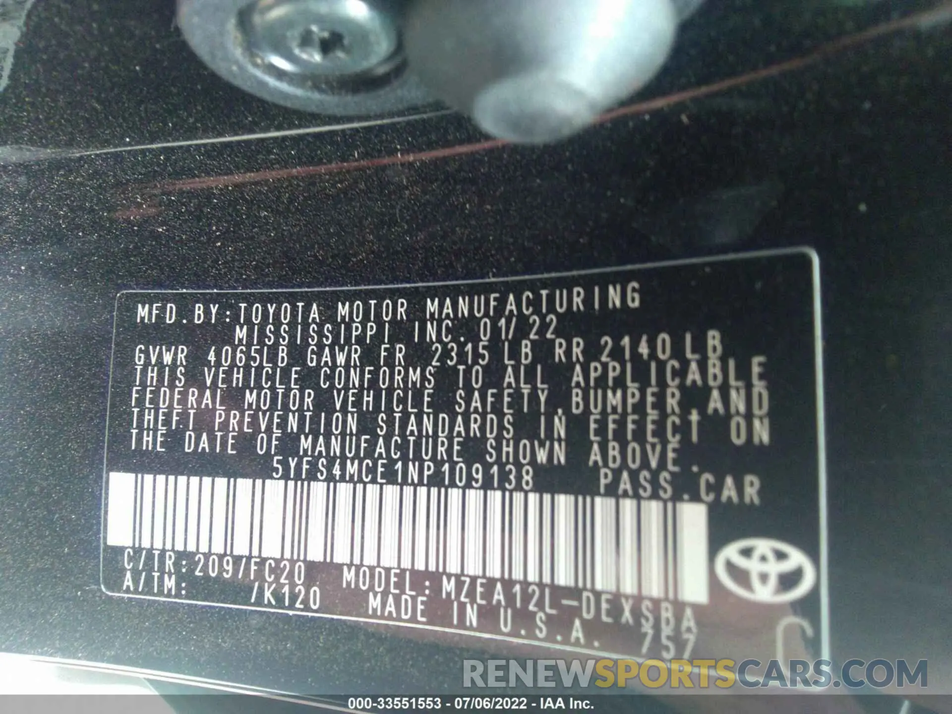9 fotografías del automóvil dañado 5YFS4MCE1NP109138 TOYOTA COROLLA 2022