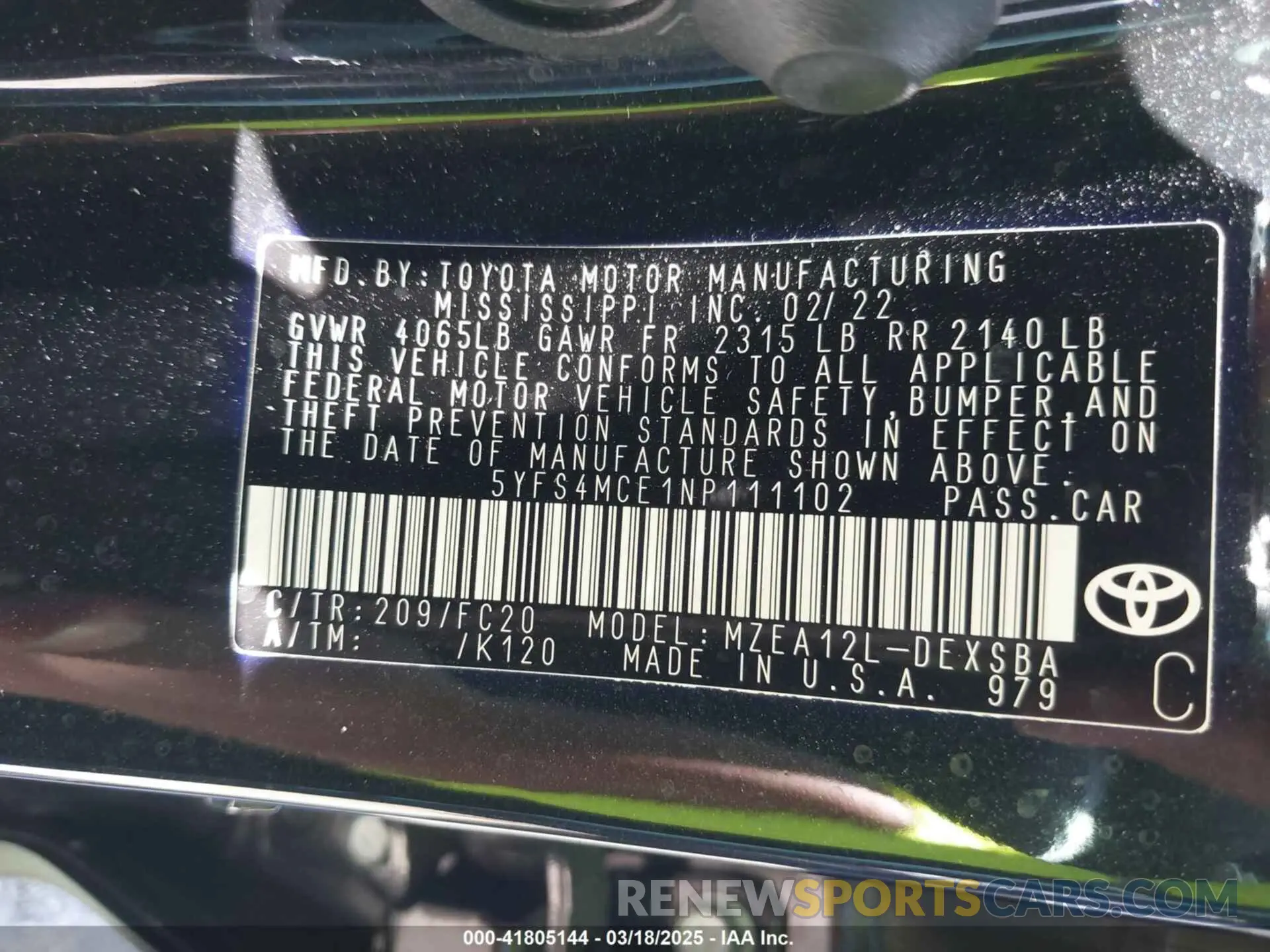 9 fotografías del automóvil dañado 5YFS4MCE1NP111102 TOYOTA COROLLA 2022