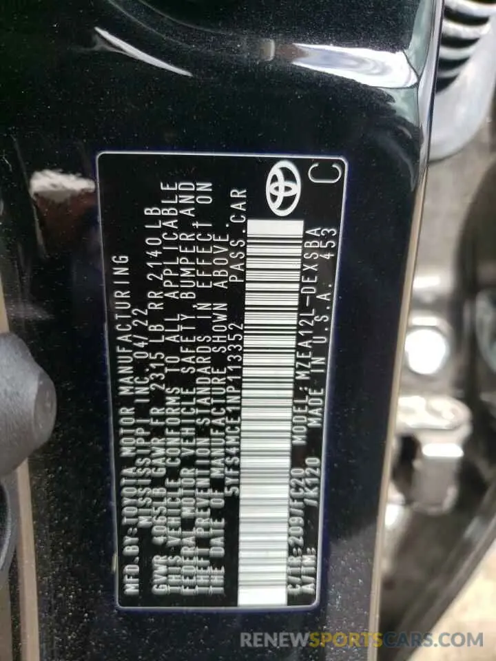 10 fotografías del automóvil dañado 5YFS4MCE1NP113352 TOYOTA COROLLA 2022