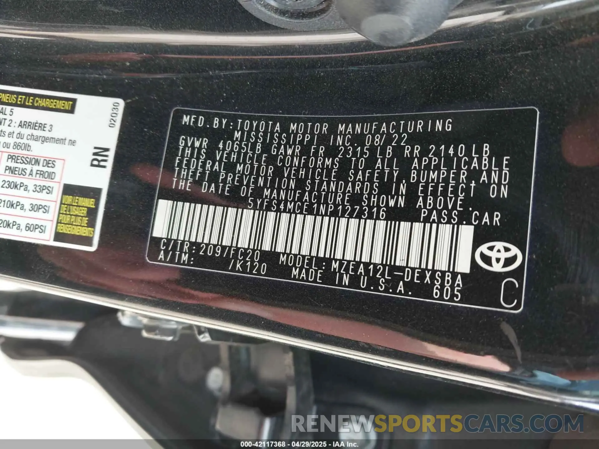 9 fotografías del automóvil dañado 5YFS4MCE1NP127316 TOYOTA COROLLA 2022