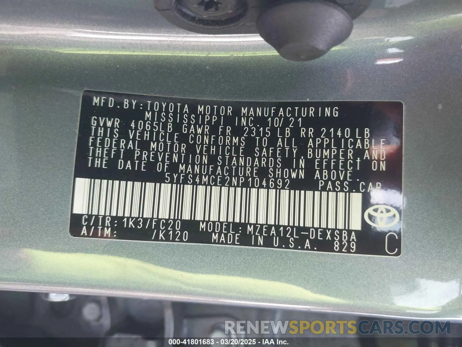 9 fotografías del automóvil dañado 5YFS4MCE2NP104692 TOYOTA COROLLA 2022