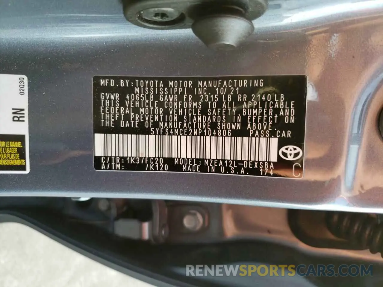 10 fotografías del automóvil dañado 5YFS4MCE2NP104806 TOYOTA COROLLA 2022