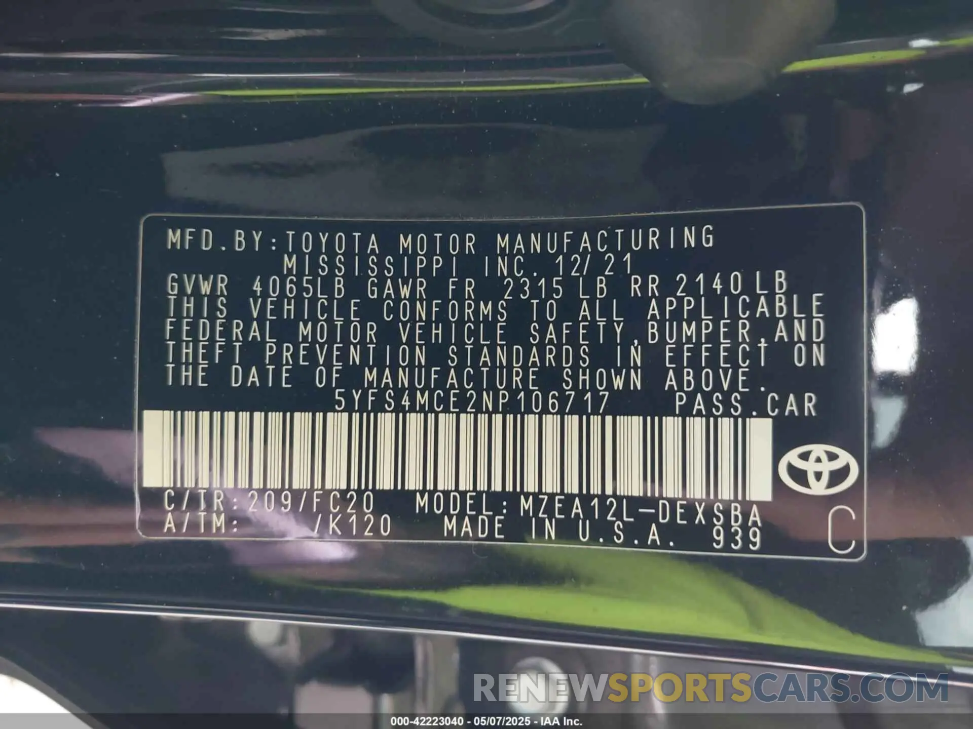 9 fotografías del automóvil dañado 5YFS4MCE2NP106717 TOYOTA COROLLA 2022