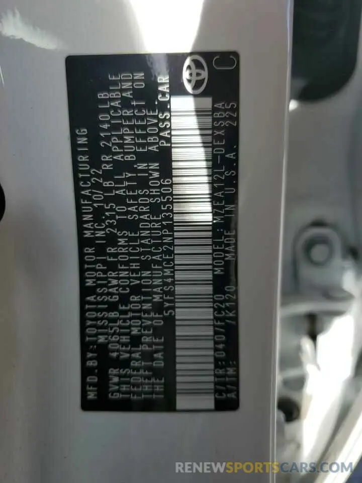 12 fotografías del automóvil dañado 5YFS4MCE2NP135506 TOYOTA COROLLA 2022