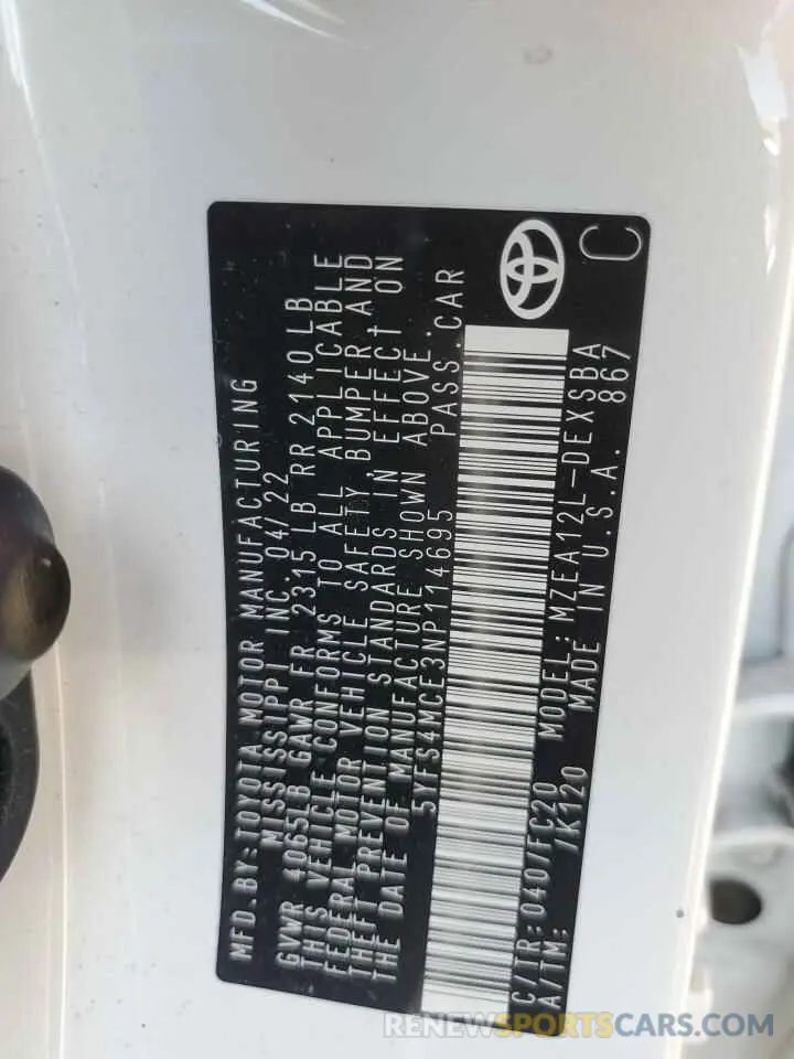 12 fotografías del automóvil dañado 5YFS4MCE3NP114695 TOYOTA COROLLA 2022