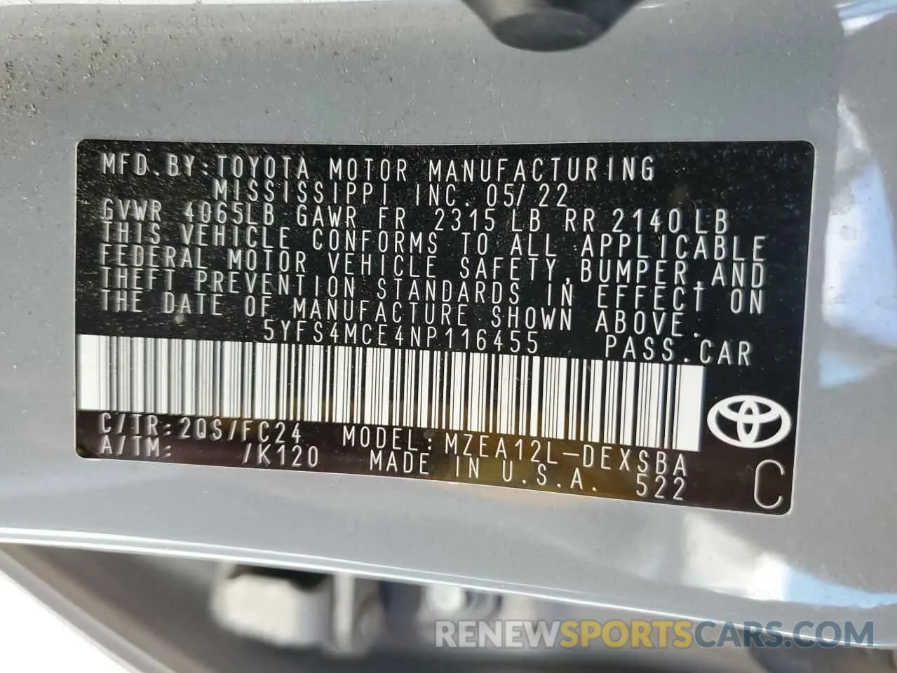 12 fotografías del automóvil dañado 5YFS4MCE4NP116455 TOYOTA COROLLA 2022