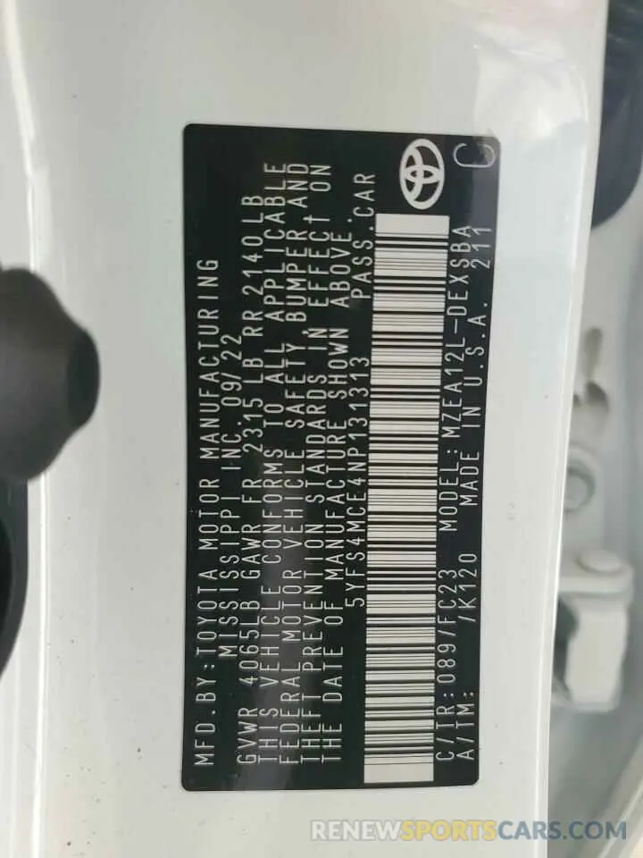 12 fotografías del automóvil dañado 5YFS4MCE4NP131313 TOYOTA COROLLA 2022