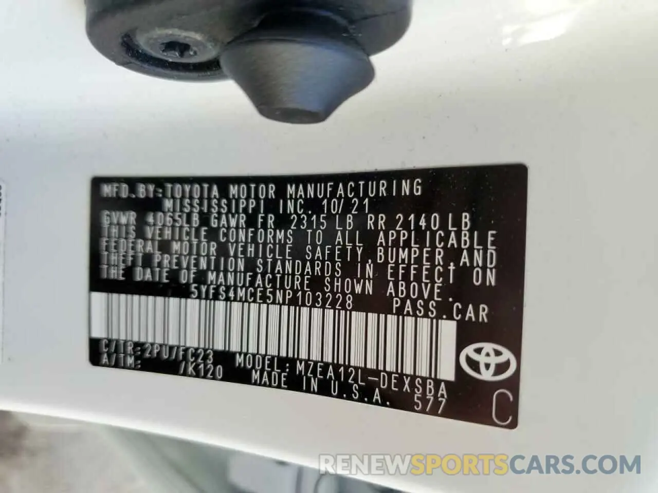 10 fotografías del automóvil dañado 5YFS4MCE5NP103228 TOYOTA COROLLA 2022