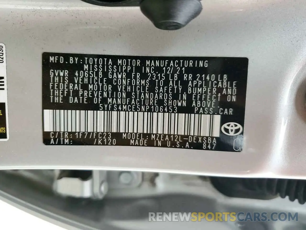 12 fotografías del automóvil dañado 5YFS4MCE5NP106453 TOYOTA COROLLA 2022