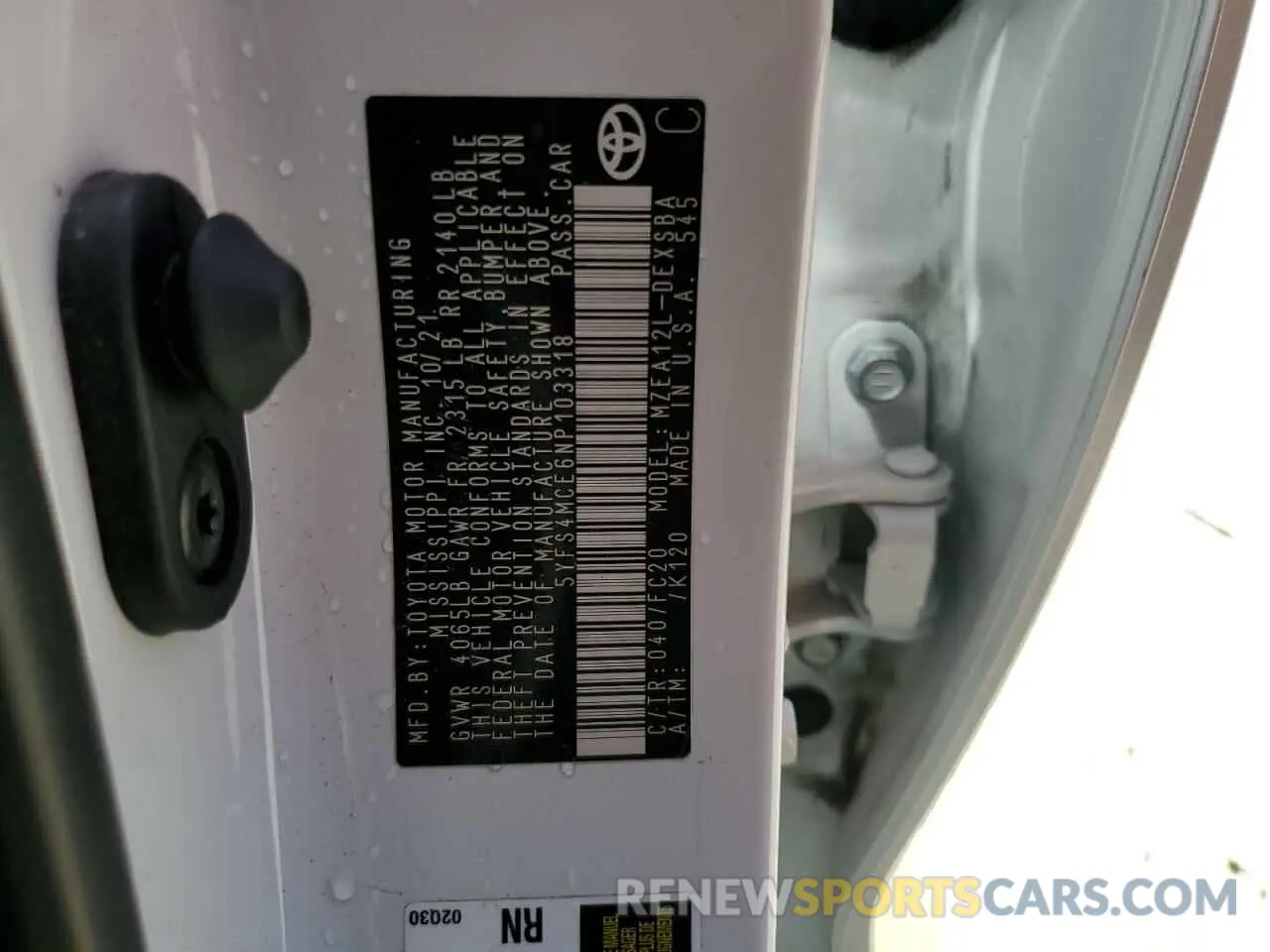 12 fotografías del automóvil dañado 5YFS4MCE6NP103318 TOYOTA COROLLA 2022